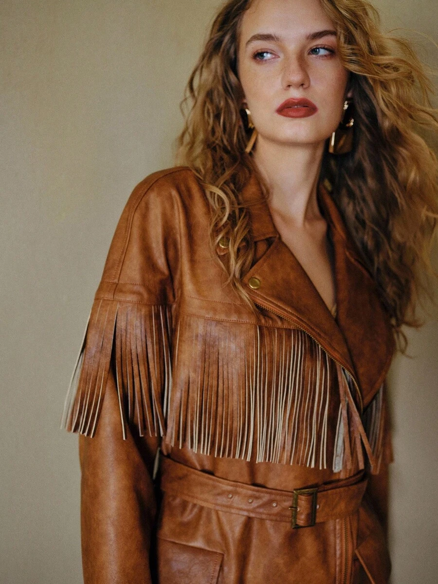 MOTF STUDIO PU LEATHER LAPEL COLLAR FRINGE DETAIL BUCKLE BELTED BIKER JACKET - Brown - View 2