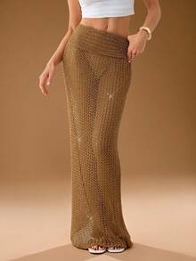 SHEIN Tall Váy len dáng đuôi cá ôm sát, màu trơn cổ điển, phong cách thường ngày và thời trang, thích hợp cho mùa xuân/hè/váy maxi/dự tiệc/đi biển. - màu nâu - Xem 3