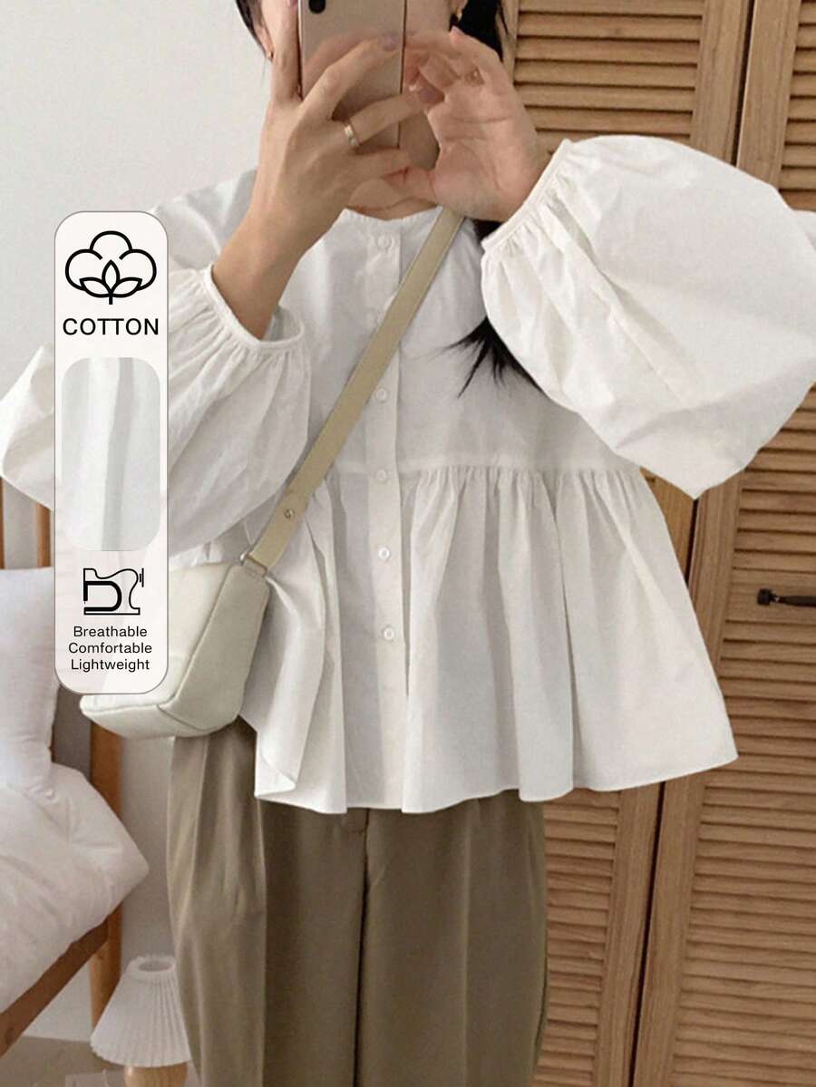 DAZY Girls' Casual Pleated Round Neck Puff Sleeve Blouse,Fall Clothes,Back To School Clothes - White - View 1