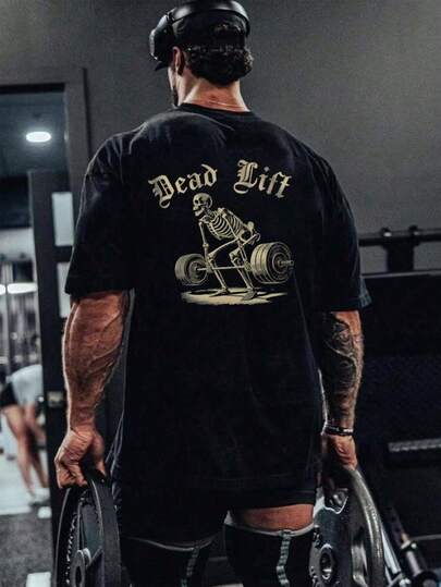 Manfinity Sport Corelite Manfinity Boyfriend Style Men's Letter & Skull Print Round Neck Short Sleeve Sports T-Shirt, Fitness, Casual, Halloween Fun Skull Weightlifting Print Workout Tops Gym Top Breathable Halloween Party