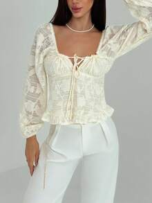 Aloruh 女士秋冬前系蝴蝶结衬衫，优雅衬衫 - 杏色 - 查看 4