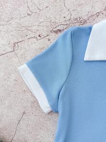 Teen Girls Blue And White Casual Personalized Contrast Collar Ribbed Knit Buttons Snug Fit Dress, Summer Dresses, Butterfly Embroidery - Baby Blue - View 6