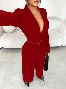 SHEIN SXY Women's Double-Breasted Solid Color Notched Collar Raglan Sleeve Fashionable Business Casual Blazer Autumn Winter - Red - View 5