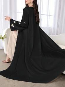 SHEIN Najma 女士蝴蝶图案仿刺绣印花黑色休闲长袖阿拉伯长袍，适合春秋季节 - 彩色 - 查看 4