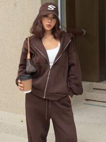 DAZY Women's Casual Everyday Commute Simple Solid Color Drop Shoulder Loose Zip-Up Drawstring Hoodie And Wide Leg Sweatpants 2 Pieces Set, Autumn/Winter