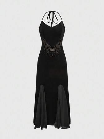 Hippie Damen Maxikleid mit Meerjungfrau-Silhouette und Strass-Verzierung für Partys