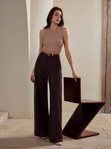 Anewsta 女士现代简约通勤美亚德棕色条纹直筒阔腿裤，适合圣诞节和新年 - 咖啡棕 - 查看 7