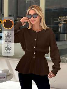 Women Solid Color Front Button Round Neck Cardigan