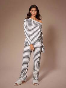 Lazeform Striped Print Casual Asymmetric Neck Women Lounge Set Fall Winter Clothes - Apricot - View 5