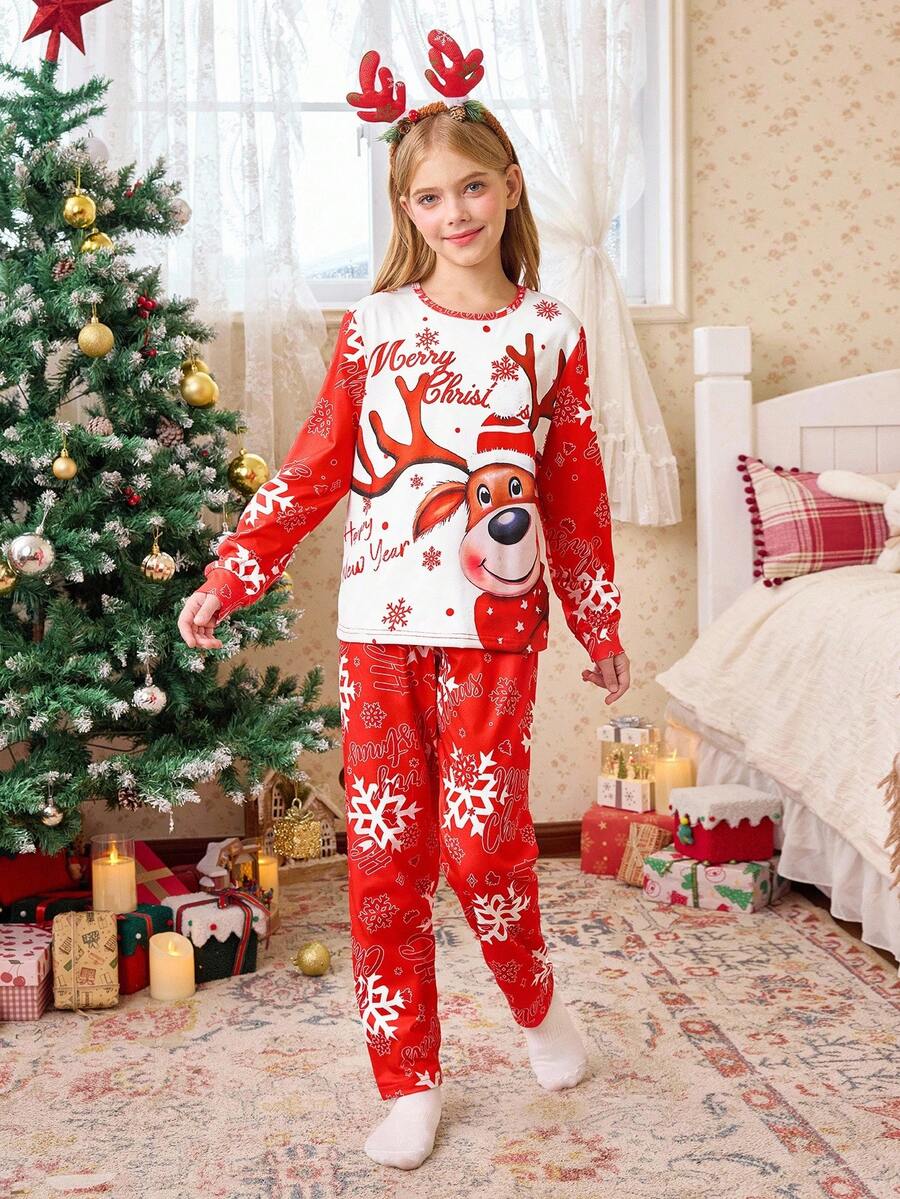 Girl's Autumn And Winter Playful And Fresh Cute Red And White Christmas Reindeer Snowflake Cute Printed Pattern Top And Red Background White Snowflake Red Christmas Blessing Printed Pattern Pants Suitable For Daily Home Leisure Sleep Christmas Party Wear - Red and White - View 1