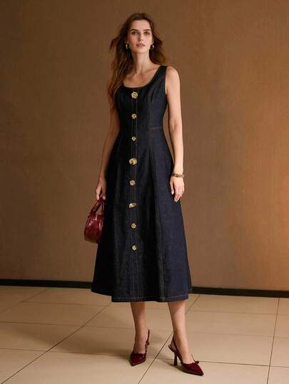 MOTF SCOOP NECK METAL DETAIL FLARE HEM DENIM DRESS