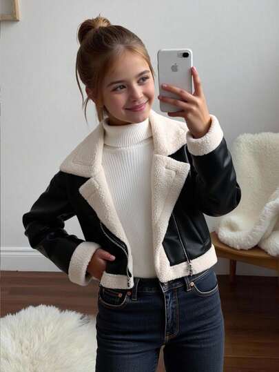 SHEIN Tween Girl Casual Street Chic Motorcycle Collar Metal Zipper Closure PU Lined Fleece Composite Fleece Short Long Sleeve Lapel Patchwork Faux Fur Jacket Coat, Black Fall Winter