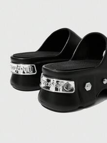 ROMWE Grunge Punk Dép xỏ ngón đế xuồng phong cách Gothic Punk đinh tán màu đen cho nữ, dép hở mũi kiểu La Mã mùa hè, đi biển, ngày lễ Halloween - màu đen - Xem 4