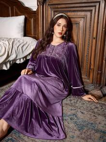 PalaceNights Plus Size Women Vintage Palace Style Embroidered Velvet Long Sleeve Nightgown Purple Night Gown Plus Size Nightgown Nightgowns Women Sleepwear