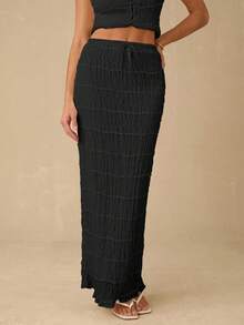 Enchnt 女士度假休闲纯色纹理半身裙 - 黑色 - 查看 6