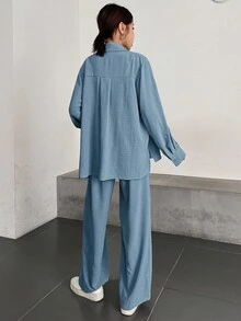 DAZY 秋冬/夏季女款兩件套：藍色寬鬆長袖領口襯衫與鬆緊腰寬腿褲 - 藍色 - 查看 2