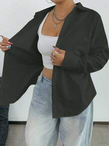 POPSWAY 大码女式休闲/办公室纯色长袖衬衫 - 深灰色 - 查看 5