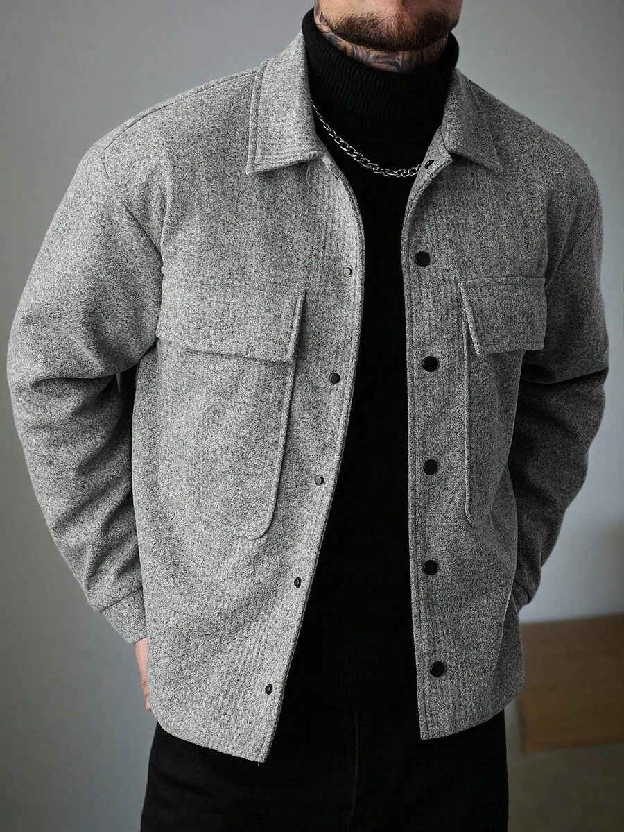Manfinity Homme Mantel Pria Warna Polos Lengan Panjang dengan Saku Serbaguna, Kancing Depan, Kasual, Abu-abu, Gaya Klasik, Musim Gugur/Musim Dingin - Grey - View 1