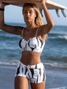 Summer Beach Tie Dye Drawstring Bikini - Black and White - View 7