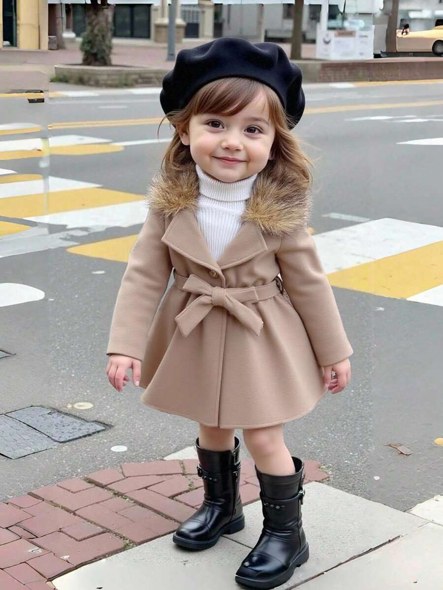 SHEIN 女婴卡其色毛领大衣，适合秋冬季节穿着。