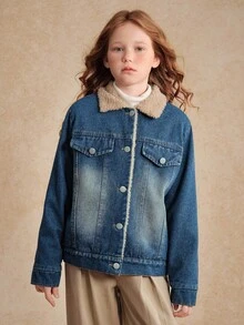 少女休闲水洗蓝牛仔保暖外套，秋冬季百搭单品