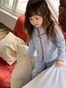 DAZY 2 件套女婴休闲心形圆点印花翻领长袖衬衫和宽松长裤睡衣套装