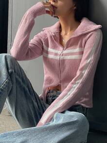 DAZY 女式秋冬条纹插肩袖拉链前开衫高领衫 - 粉色 - 查看 3