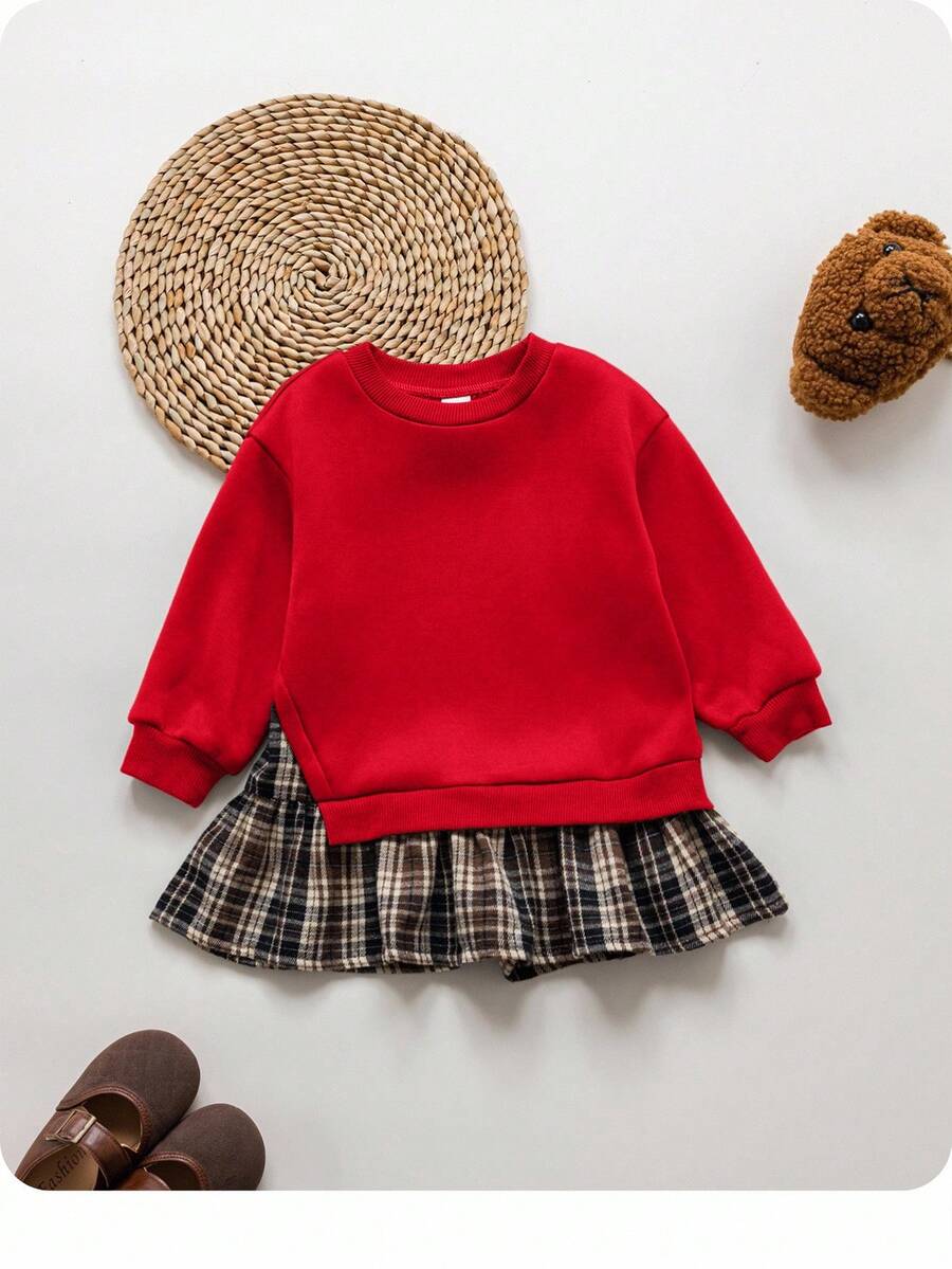 SHEIN 女婴可爱拼色长袖连衣裙,秋冬 - 紅色 - 查看 1