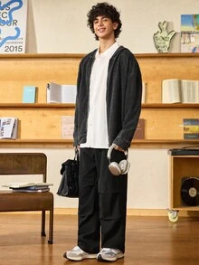 Open Phase STONE DISTRICT 男士纯色落肩衬衫，休闲衬衫，宽松服装，学院风 - 白色 - 查看 7