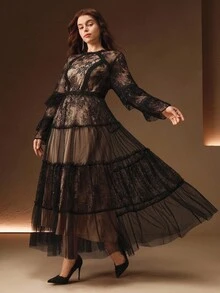 Anewsta 大码女式优雅蕾丝波点网眼拼布荷叶边长袖连衣裙，浪漫风格，适合圣诞节、新年派对、约会、秋冬 - 黑色 - 查看 6