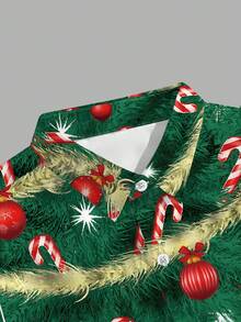 Manfinity Homme 3D Christmas Tree Decoration Shirt - Green Pine Tree All-Over Print Long Sleeve Button-Down Red Ornaments Gold Garland Realistic Pattern, Candy Canes Sparkle Holiday Elements, Creative Party Essential Shirt,Men Casual Christmas Element All-Over Print Long Sleeve Shirt, Fall - Multicolor - View 4