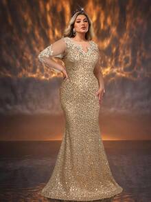 Glamrae Plus Size Elegant Champagne Color Mesh Applique Long Sleeve V-Neck High Waist Slimming Fishtail Formal Gown - Champagne - View 5