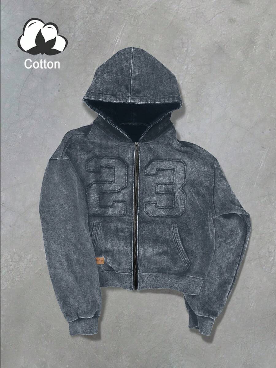 PAVTROS 男士字母图案连帽拉链长袖运动衫，秋季 - 深灰色 - 查看 1