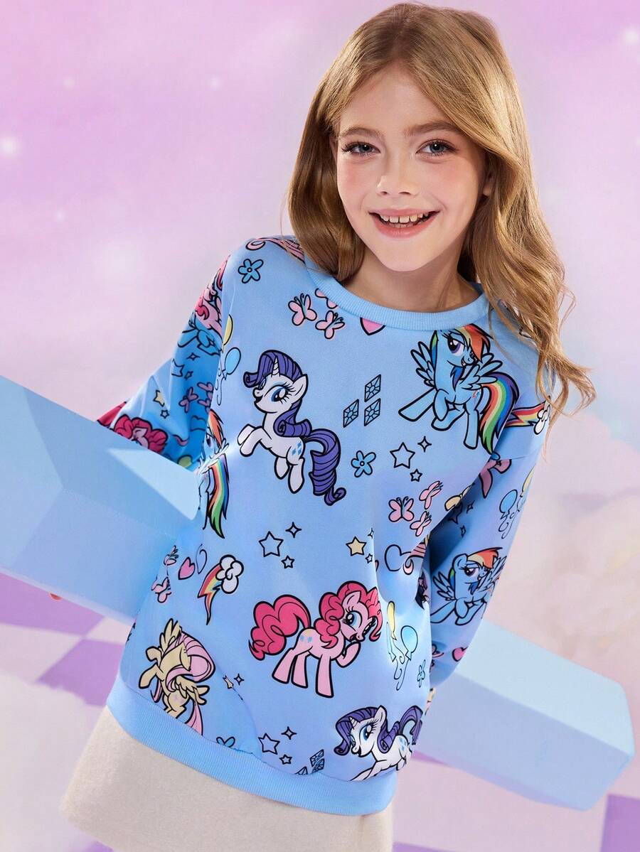 My Little Pony X SHEIN Tween Girls' Casual Cute Cartoon Pony Print Crew Neck Sweatshirt, Autumn - Multicolor - View 1