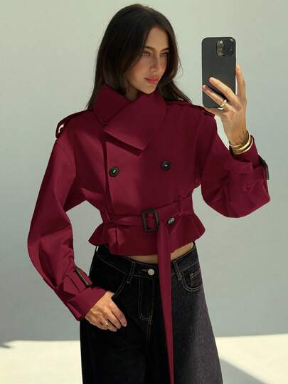 Aloruh New Khaki Versatile Chic Street Cropped Utility Trench Coat, High-End Waist Cinched Double-Breasted Cape-Style Retro Vintage Trench Coat Autumn Winter Clothes For Women