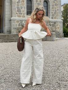Jeta Ari 2pcs/Set Women Solid Color Ruffle Hem Cami Top & Pants Set Women Summer Clothing Women Summer Clothes Dress Woman S Summer Clothes Women S Clothes Work Summer Dresses Beige Two Piece Set Cream Two Piece Set Summer Jumpsuit Tube Top Jumpsuit Jumpsuit - Apricot - View 5