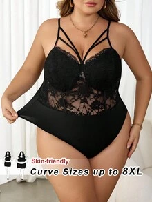 SHEIN CURVE+ 大码女式性感优雅蕾丝拼接紧身衣，适合日常穿着、商务、简约、通勤、优雅、休闲、购物、街头服饰、外出，易于搭配且看起来修身，凸显您的身材，修饰身材 - 黑色 - 查看 1