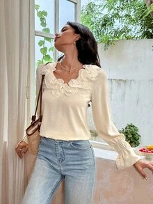 SHEIN Frenchy Women's Solid Color Ruffle Trim Long Sleeve Fashion Blouse, Winter Casual - Apricot - View 7