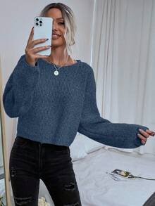 EMERY ROSE 女士休闲纯色落肩宽松罗纹针织套头毛衣灰色毛衣灰色套头衫 - 藍色 - 查看 3