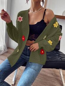 EMERY ROSE Women's Casual Floral Decor Drop Shoulder Long Sleeve Knitted Cardigan, Autumn/Winter - Army Green - View 6