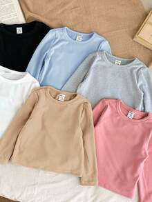 SHEIN LMoss Kids LMoss 年轻女孩休闲基础款纯色针织弹力长袖汗衫上衣多件 6 件套，非常适合秋冬季休闲日常穿着和上学日常，必备百搭，妈妈和女儿搭配，姐妹和我搭配， - 藍色 - 查看 3