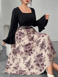 Modelyn Vestido largo minimalista elegante y romántico con estampado floral aleatorio, volantes y parches, talla grande