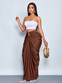 SOLERSUN Women's Fashion Solid Color Gathered Ruched Skirt - Coffee Brown - View 4