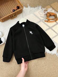 SHEIN 男童休闲图案卫衣、夹克、外套、返校服、可爱上衣、基本款上衣，适合秋冬季上学、度假、旅行、运动 - 黑色 - 查看 2