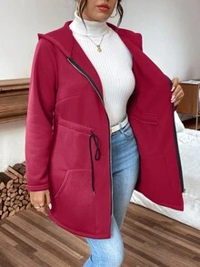 Calvaya Plus Size Women Casual Solid Color Zip-Up Long Sleeve Jacket - Red - View 8