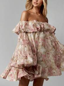 MISSGUIDED Đầm ngắn Bardot bằng chiffon họa tiết hoa, trễ vai, tay dài loe, xếp nếp, thích hợp cho đám cưới, lễ tốt nghiệp, mùa xuân hè, tiệc vườn, các dịp đặc biệt. - Hồng - Xem 6
