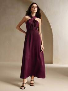 Anewsta 交叉（带固定扣）挂脖优雅都市度假无袖连衣裙 - 中紫紅色 - 查看 5