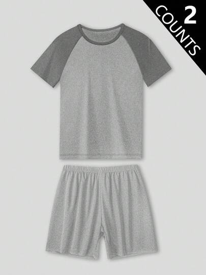 2pcs Casual, Minimalist, Basic, Comfortable Homewear, Skin-Friendly, Fashionable Young Raglan Sleeve T-Shirt & Shorts Pajama Set, Plus Size Men