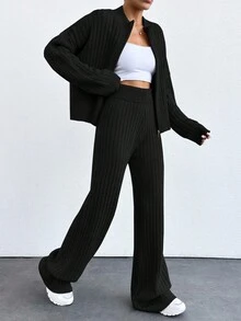 EURMUSE Drop Shoulder Zip Up Cardigan & Knit Pants - Black - View 5