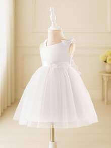 Glamorique Kids 女婴优雅可爱高贵单蝴蝶结腰身修身缎面网纱蓬蓬裙，秋冬派对礼服 - 白色 - 查看 1